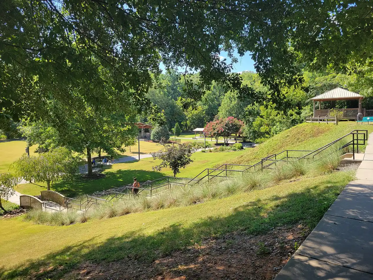 The lawn, stairway and picnic shelter at East Cobb Park on Roswell Road