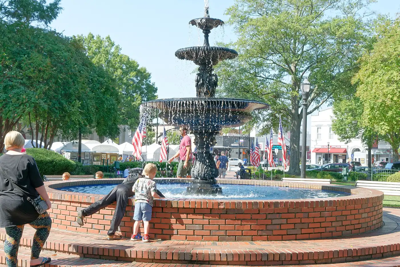 The fountain in Glover Park on Marietta Square, a block from the Saturday farmers market