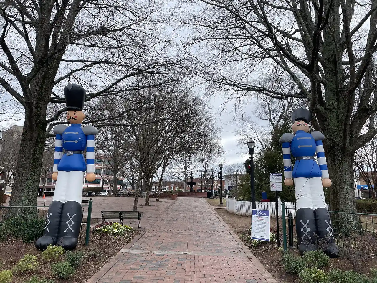 Giant toy soldiers at the entrance to Glover Park on Marietta Square