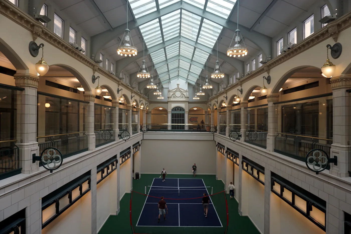 An indoor pickleball court in a converted shopping arcade in Milwaukee. The picture does not show the Roswell Road site.
