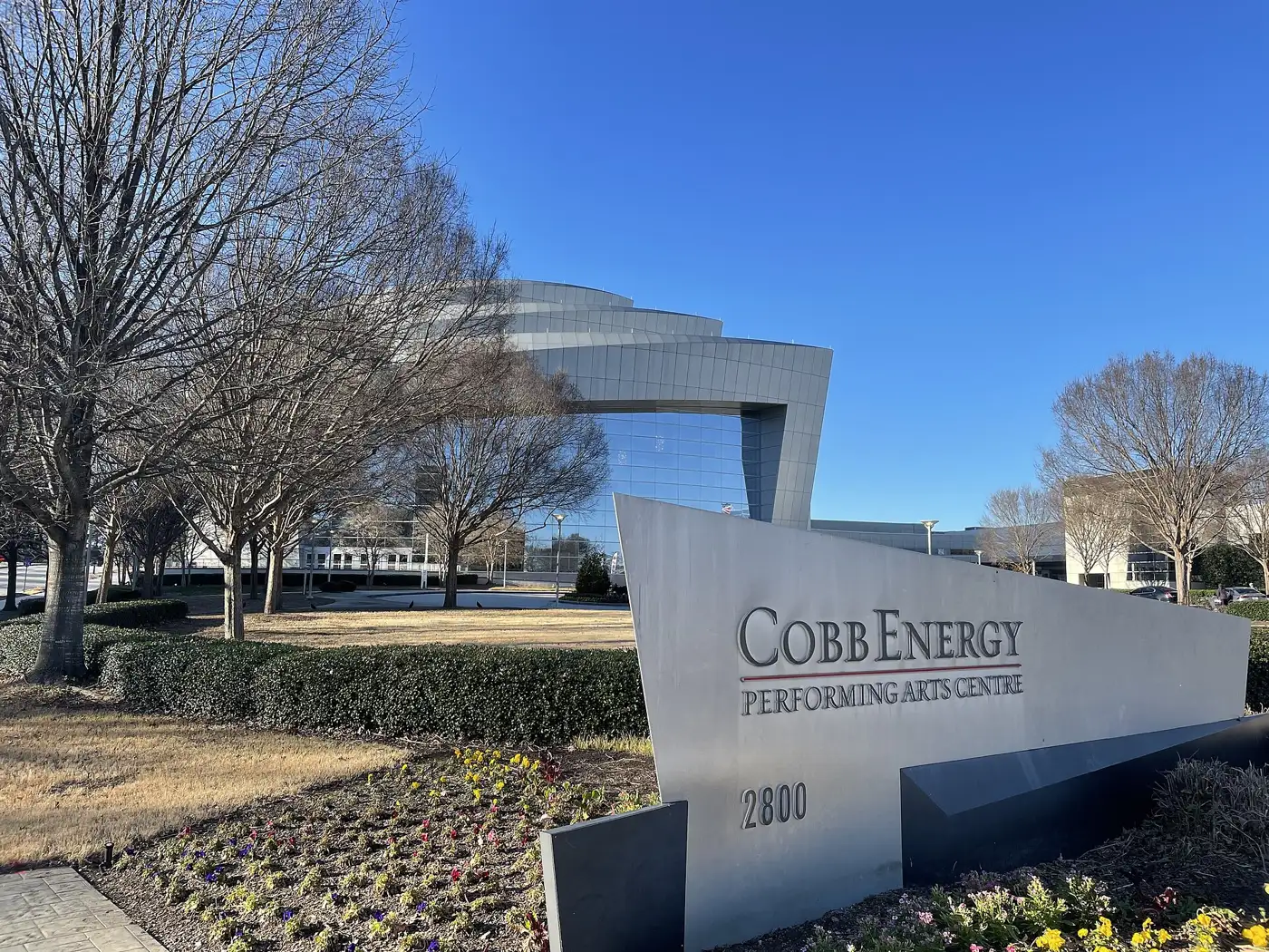 The sign and glass front of the Cobb Energy Performing Arts Centre on Cobb Galleria Parkway.