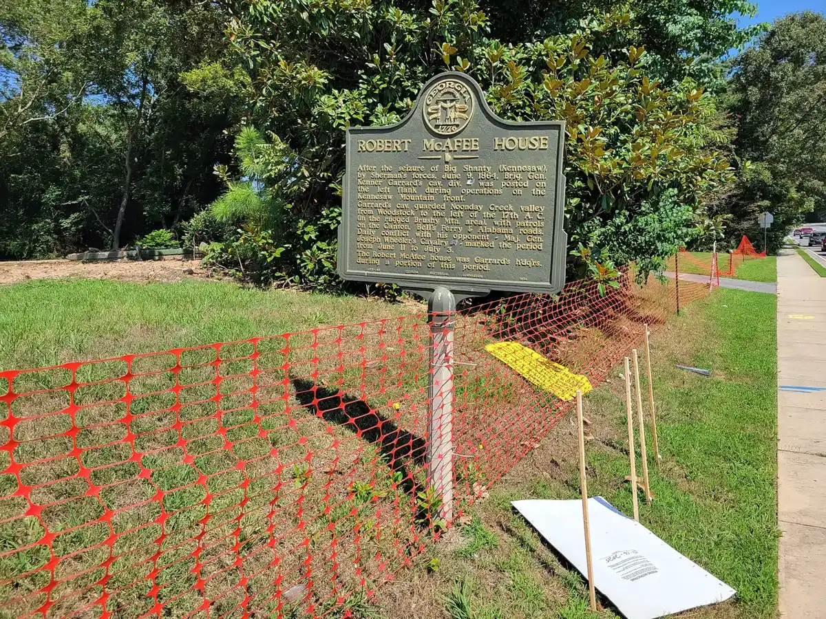 The Robert McAfee House historical marker, a short walk from Bells Ferry Elementary