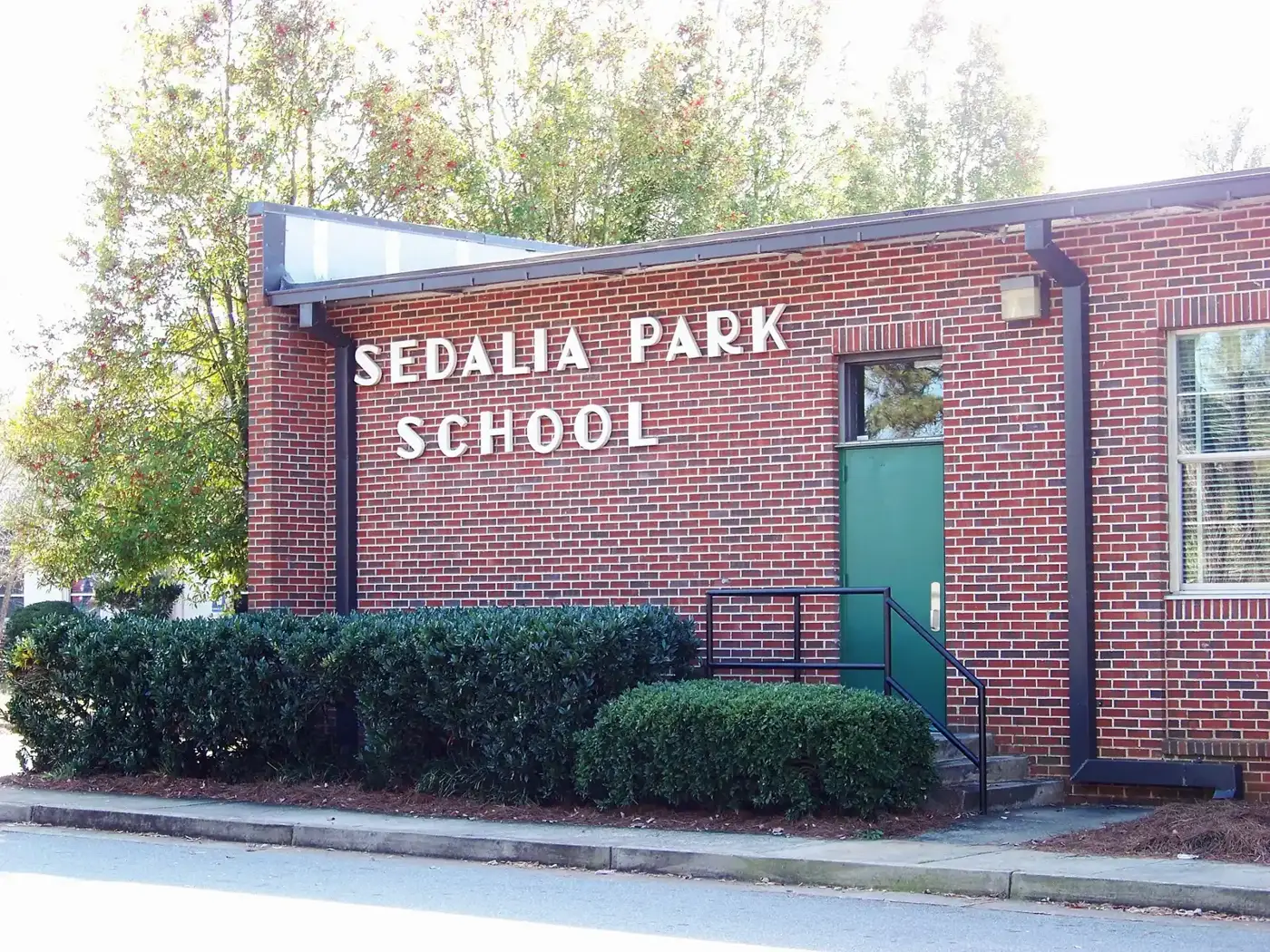 The Sedalia Park School sign on a building at Sedalia Park Elementary on Lower Roswell Road