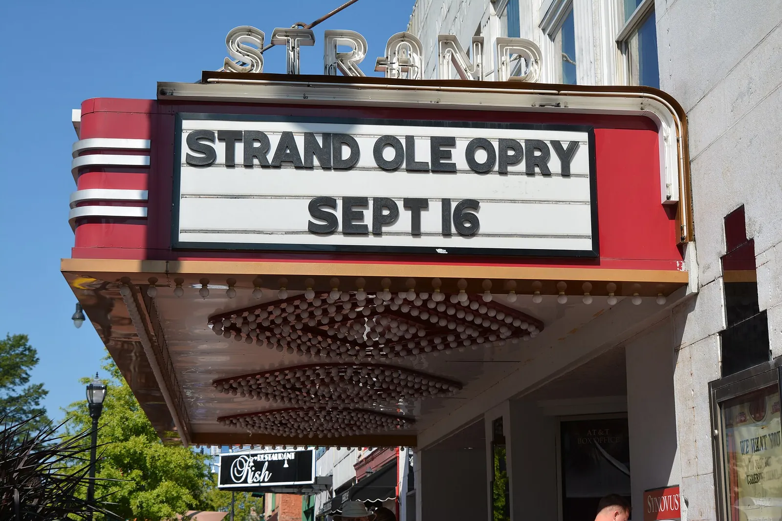 The marquee of the Earl and Rachel Smith Strand Theatre on Marietta Square